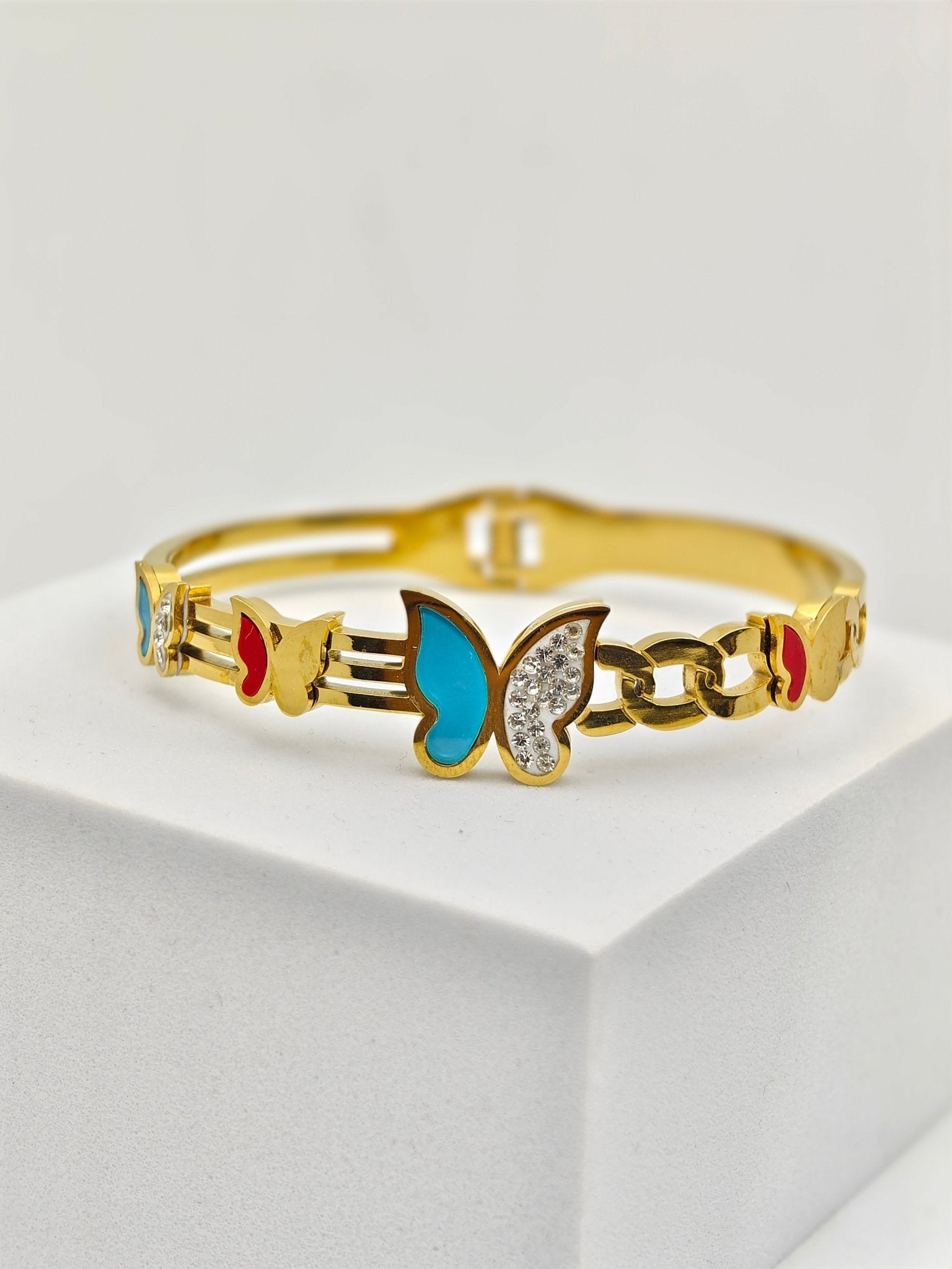 Gold Plated Multi colour Butterfly Charm Bangle – Anti-Tarnish Enamel & Crystal Bracelet for Women - The Soul Jewellery