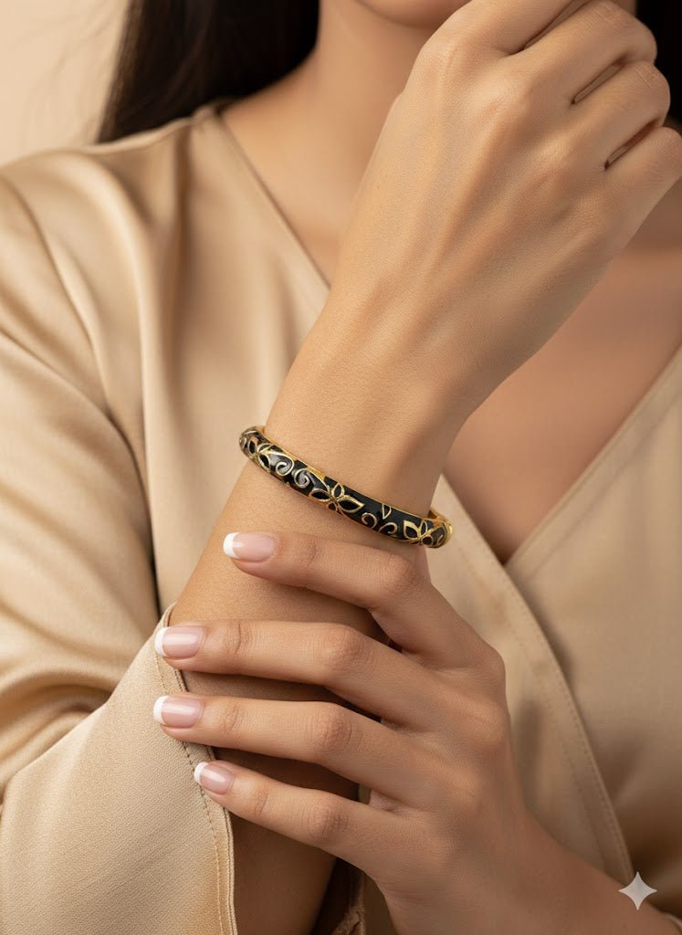 Aurelia 6 Noir Bloom Demi-Fine Anti-Tarnish Gold & Black Enamel Kada Bracelet for Women - The Soul Jewellery