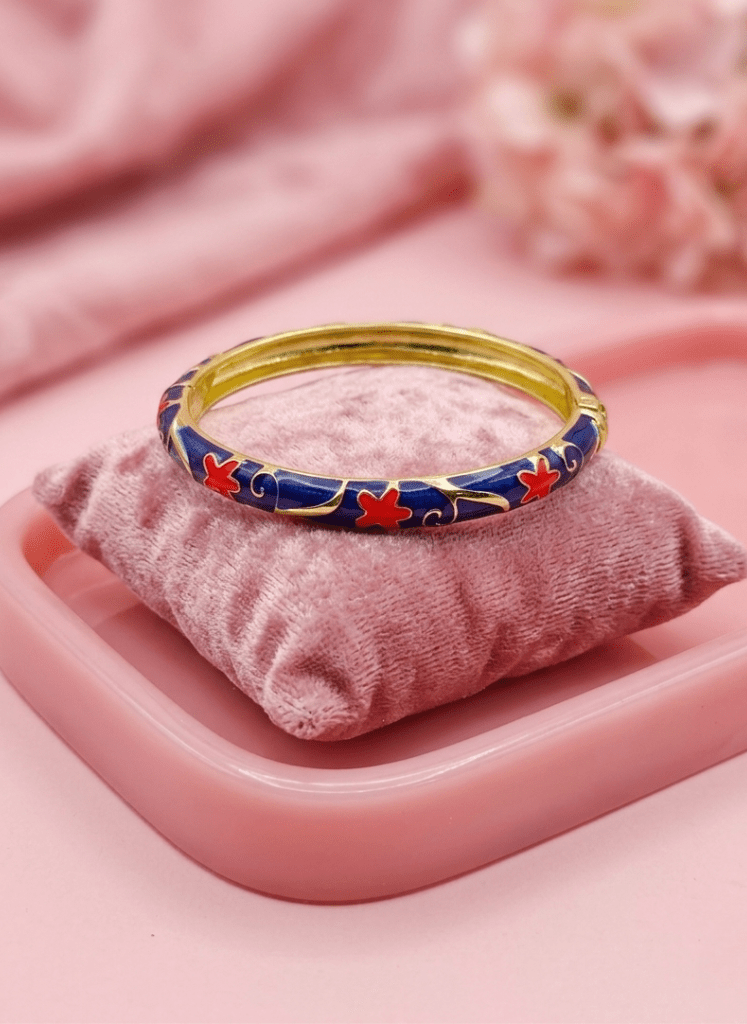 Blue Enamel Floral Gold Bracelet for Women – Azure Bloom Aura 6™ Anti - Tarnish Designer Enamel Bangle | Luxury Demi - Fine Kada for Women - The Soul Jewellery