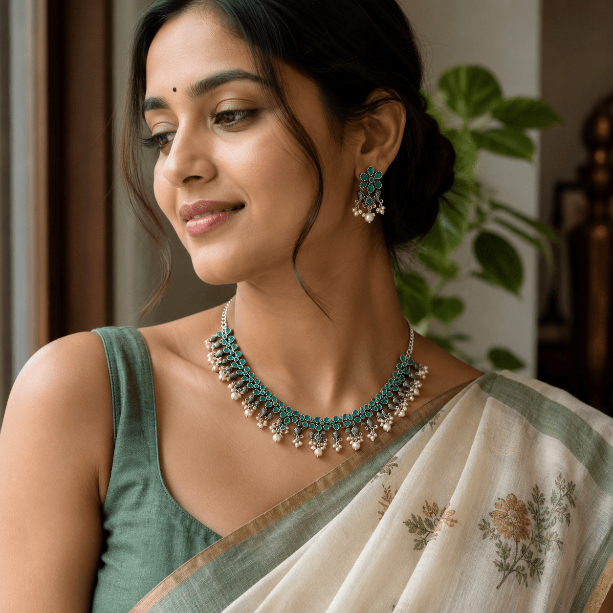 German Silver-Plated Choker Necklace Set with Green Gemstones - Soul Jewellery