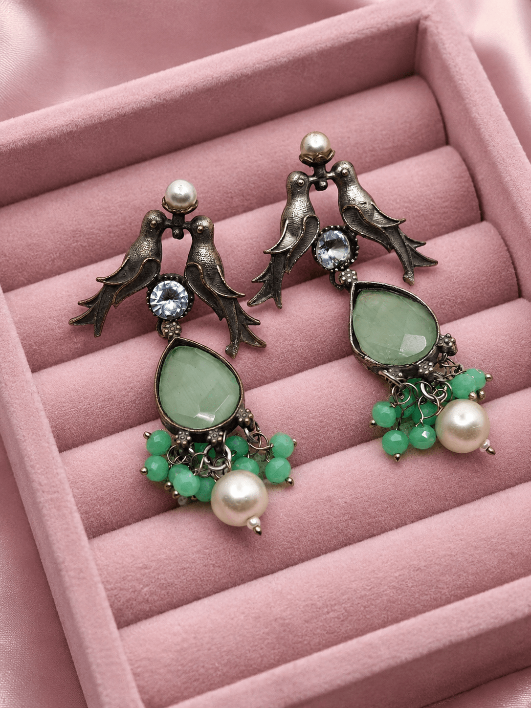 Mint Green Bird Pearl Oxidised Earrings for Women – Vintage Boho Earrings with Crystal & Pearl Drops - The Soul Jewellery