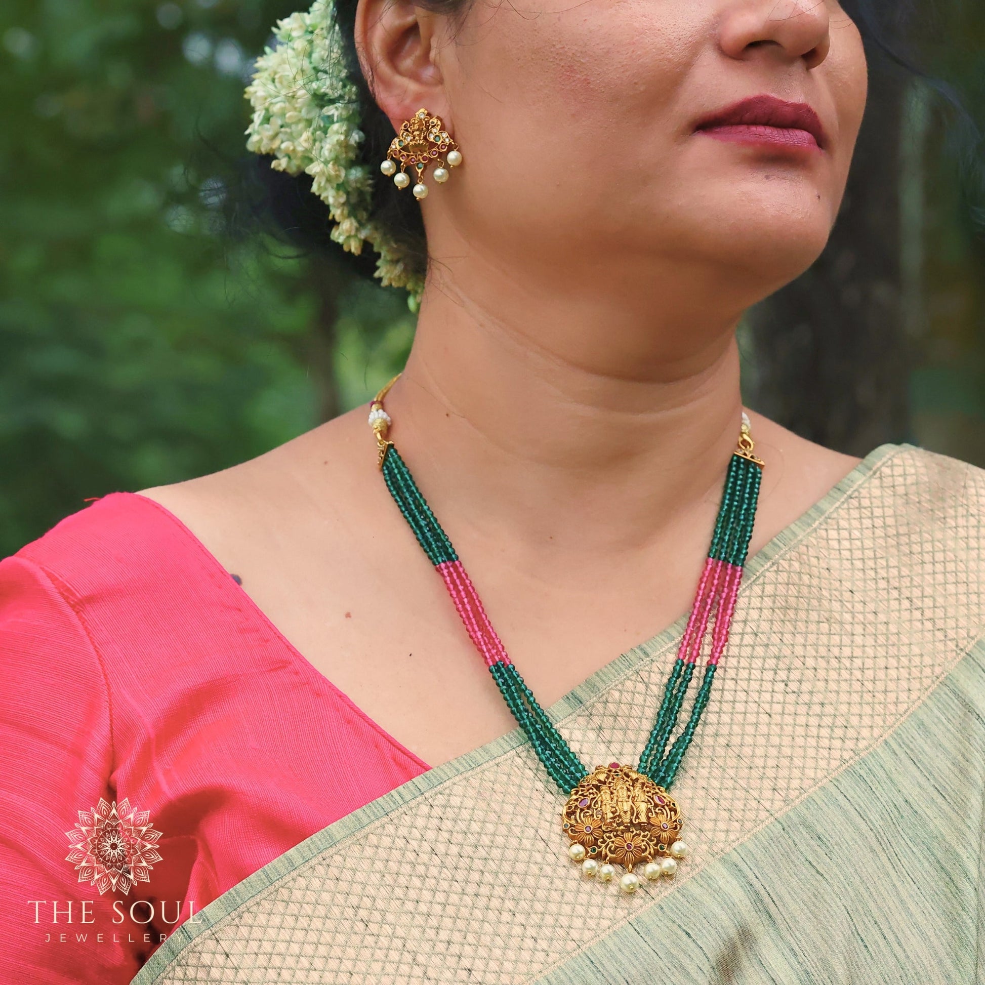 Vaidhe Antique Matte Gold Plated Short Necklace Set with Ram Sita Motif - The Soul Jewellery