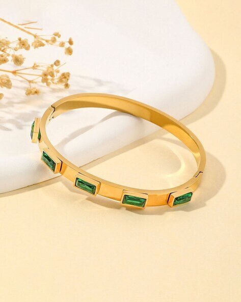 18K Gold Plated Anti - Tarnish Emerald Green Stone Bangle – Elegant Openable Daily Wear Bracelet - The Soul Jewellery