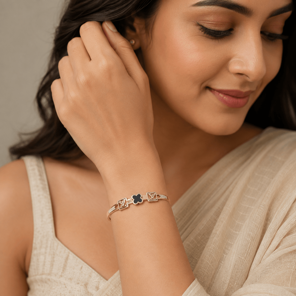 Rose Gold Plated Anti-Tarnish Bangle Clover Design, and Dazzling CZ Accent - Soul Jewellery