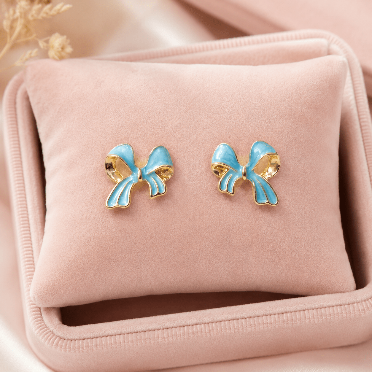 Sky Blue Bow Stud Earrings for Women – Gold-Tone Enamel Ribbon Earrings | Cute Minimal Everyday Stud - Soul Jewellery