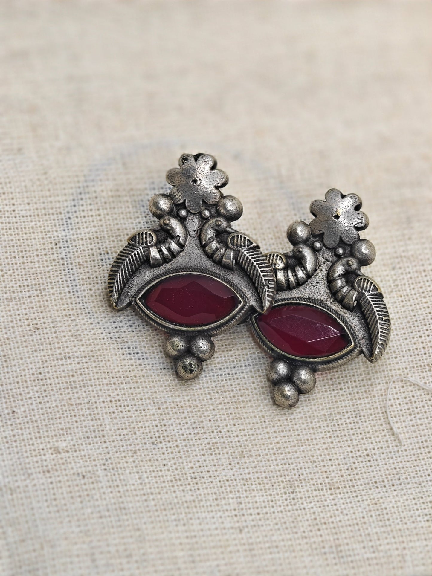 Antique Silver Replica Earrings with Red Stone | Festive Ethnic Jewellery for Women – Limited Time Offer - The Soul Jewellery