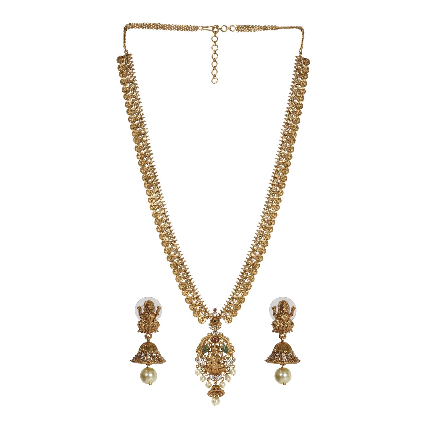 Deetya Antique Matte Gold Plated Long Coin Necklace Set with Lakshmi Idol - The Soul Jewellery