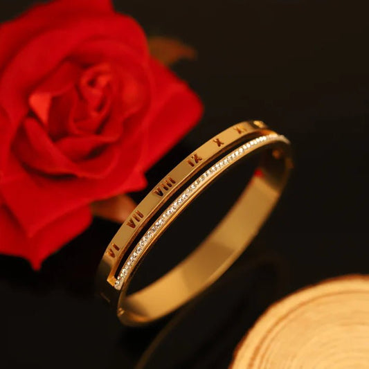888 Luxury Anti - Tarnish Roman Numeral Bangle with CZ Stones – Timeless Gold Finish Everyday Jewelry - The Soul Jewellery