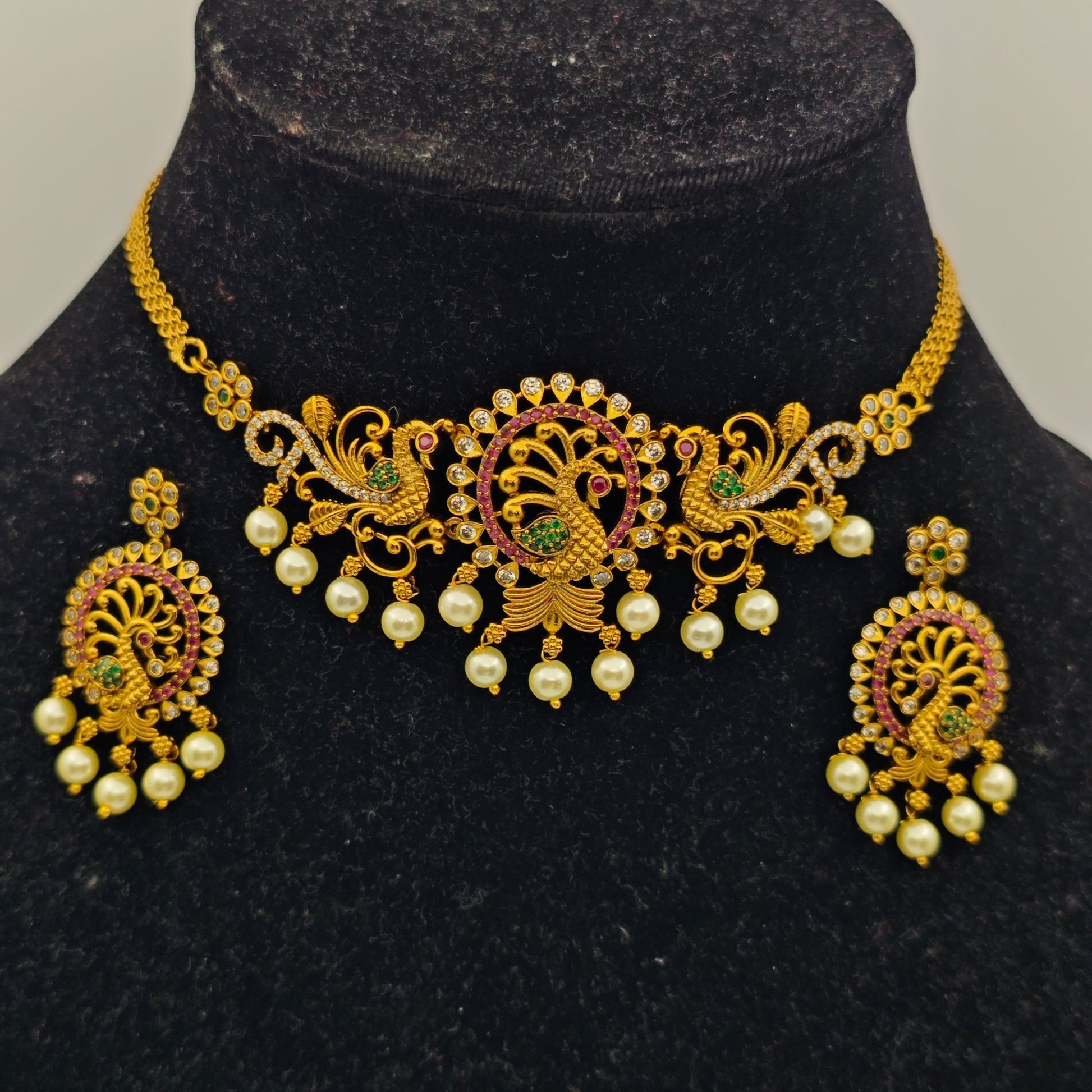 Ketak Antique Gold Plated Temple Choker Set with Pearl Drops and Intricate Peacock Motifs – Traditional Ethnic Jewelry MGNC310 - The Soul Jewellery