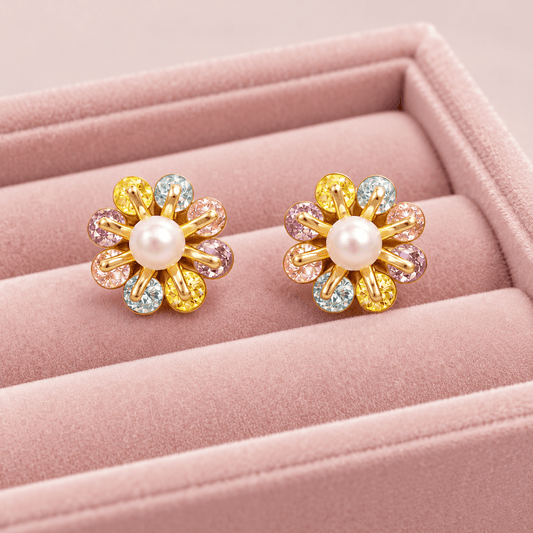 18K Gold-Tone Demi-Fine Stainless Steel Multicolour Crystal Flower Stud Earrings with Pearl for Women - Soul Jewellery
