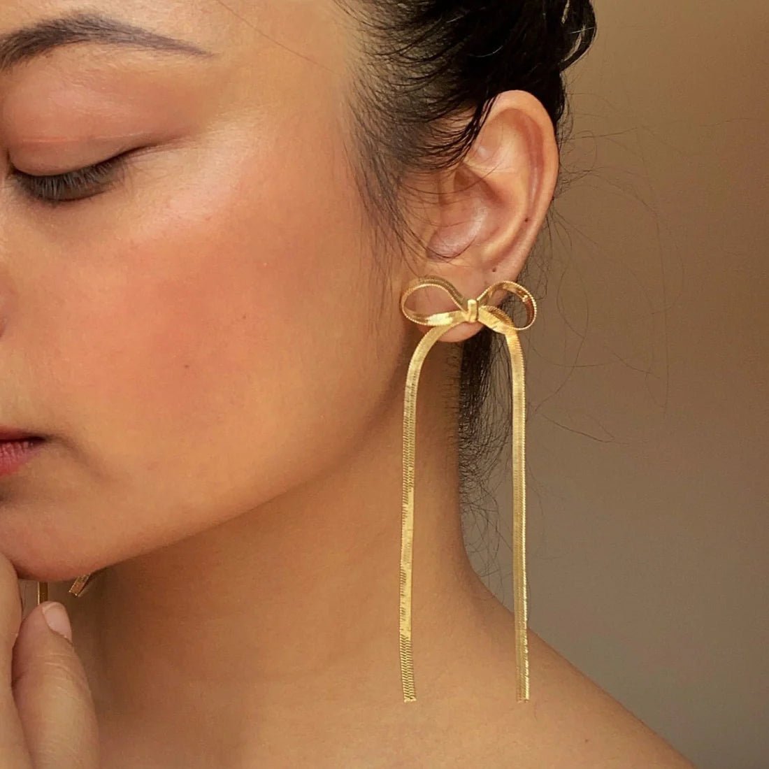 Aurelia TwinGlow Luxe Demi-Fine Anti-Tarnish Gold Sleek Bow Drop Earrings - The Soul Jewellery
