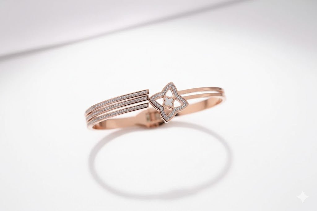 Luxury Rose Gold Clover Bangle Bracelet with CZ Accents | Anti - Tarnish Elegant Bracelet for Women - The Soul Jewellery