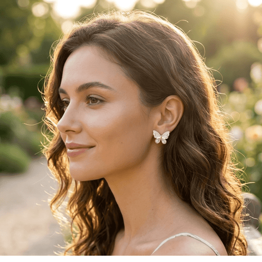 Venus Crystal Butterfly Aura 6™ Gold Mother of Pearl Stud Earrings for Women – Demi - Fine Anti - Tarnish Stainless Steel Butterfly Designer Earrings with Zircon Sparkle - The Soul Jewellery