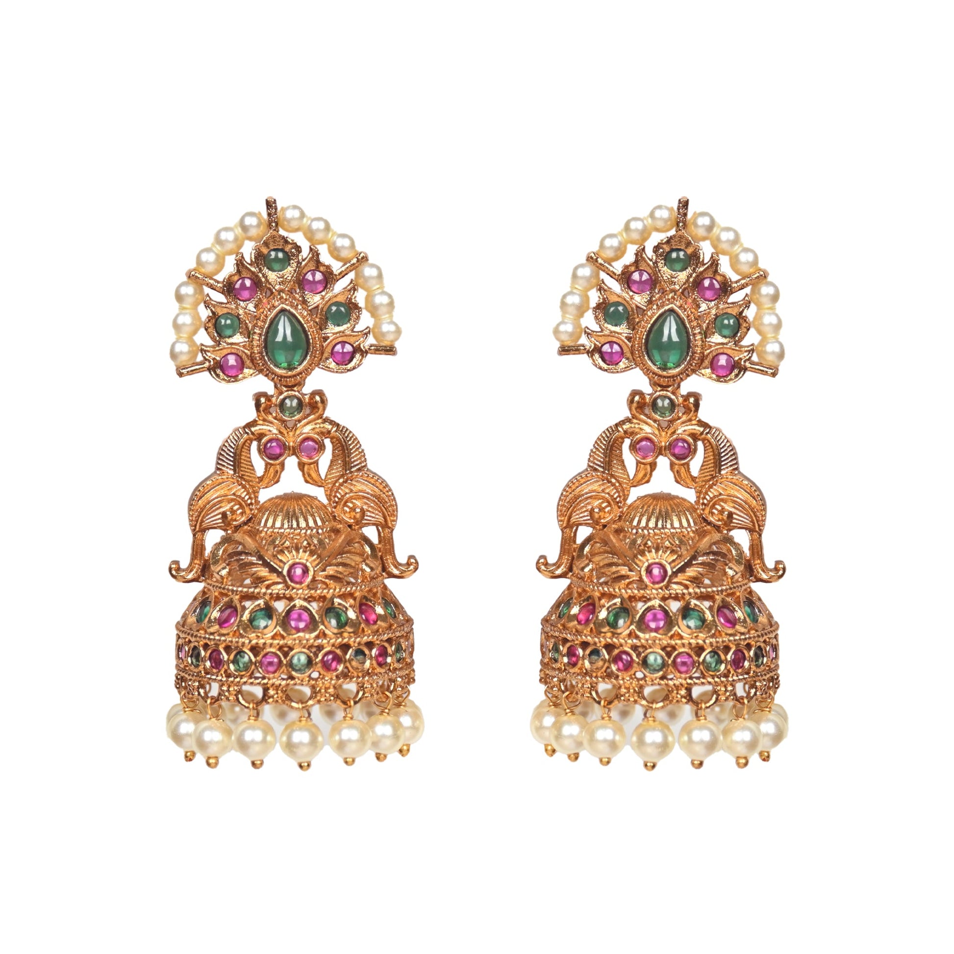 Arunima Antique Matte Gold Plated Jhumka Earrings - The Soul Jewellery