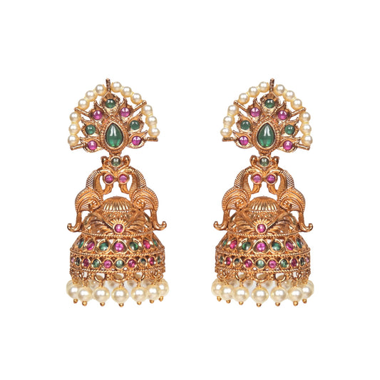 Arunima Antique Matte Gold Plated Jhumka Earrings - The Soul Jewellery