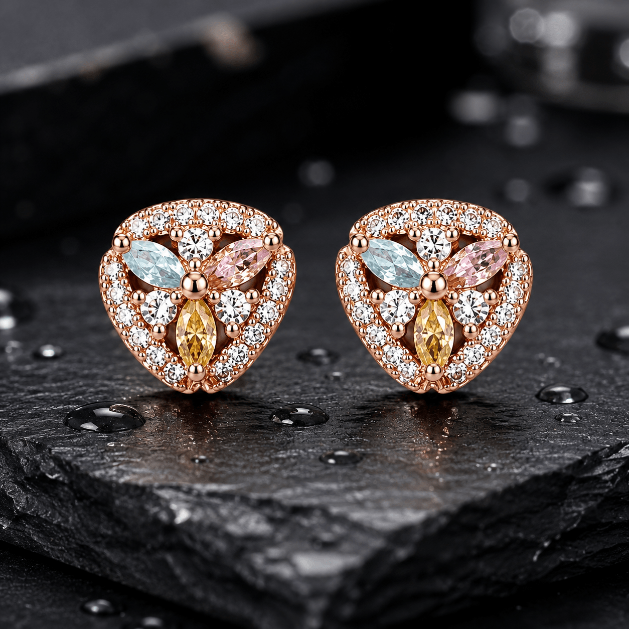 Rose Gold Multicolour Floral CZ Stud Earrings for Women – Pastel Crystal Heart-Shaped Demi fine Stud - Soul Jewellery