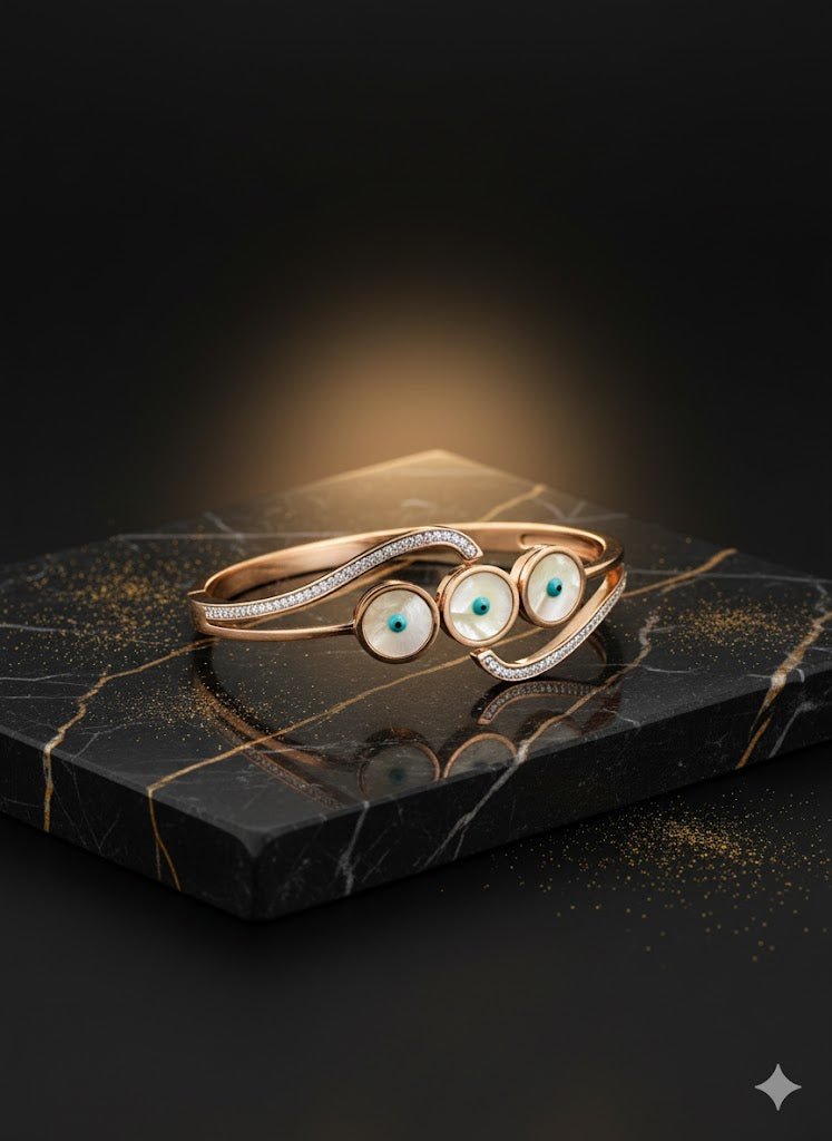 18K Rose Gold Plated Anti-Tarnish Evil Eye Bangle for Women – Crystal-Studded Protective Bracelet