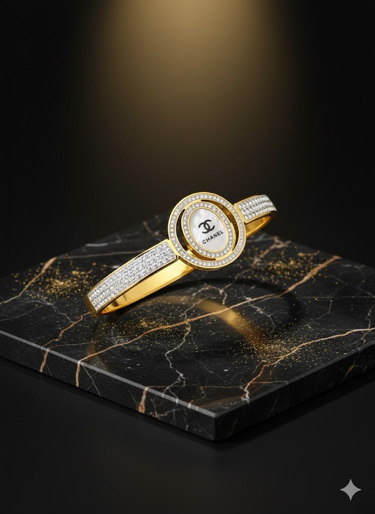 Luxurious 18K Gold Plated Anti - Tarnish Bangle with Chanel Engraving and Crystal Accents RGB247 - The Soul Jewellery