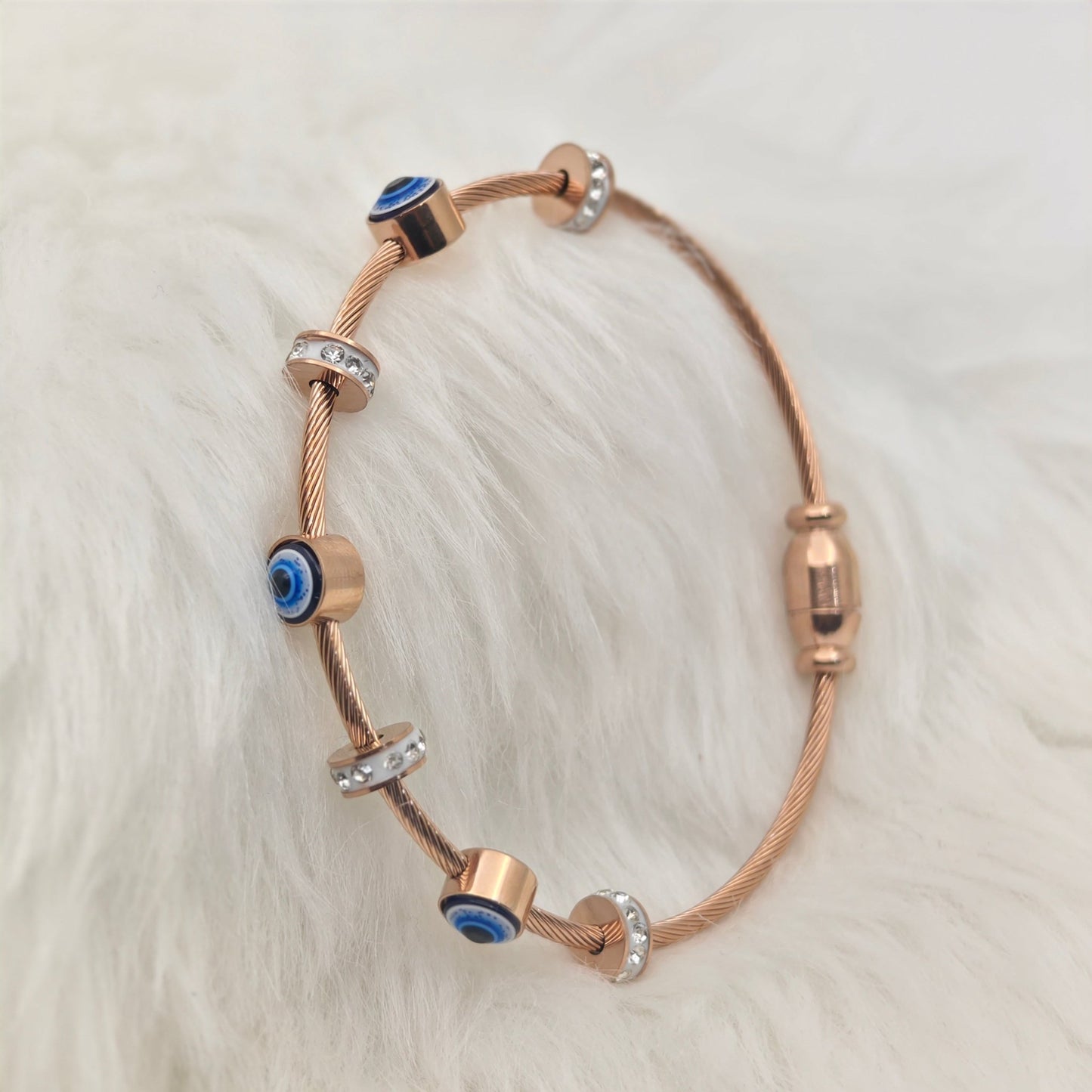 Elegant Rose Gold Anti - Tarnish Evil Eye Charm Bangle with Crystal Accents RGB373 - The Soul Jewellery