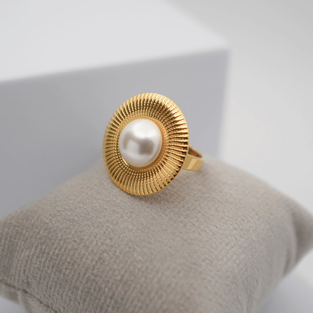 Adjustable Anti - Tarnish 18K Yellow Gold Plated Mia Ring with Pearl Accent – Elegant and Timeless Design - The Soul Jewellery