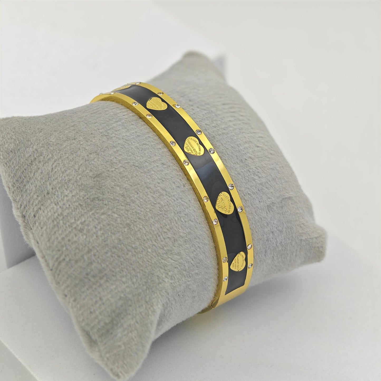 Gold-Plated Love Heart Women Bracelet – Anti-Tarnish Bangle with Black Enamel & Crystal Accents - The Soul Jewellery