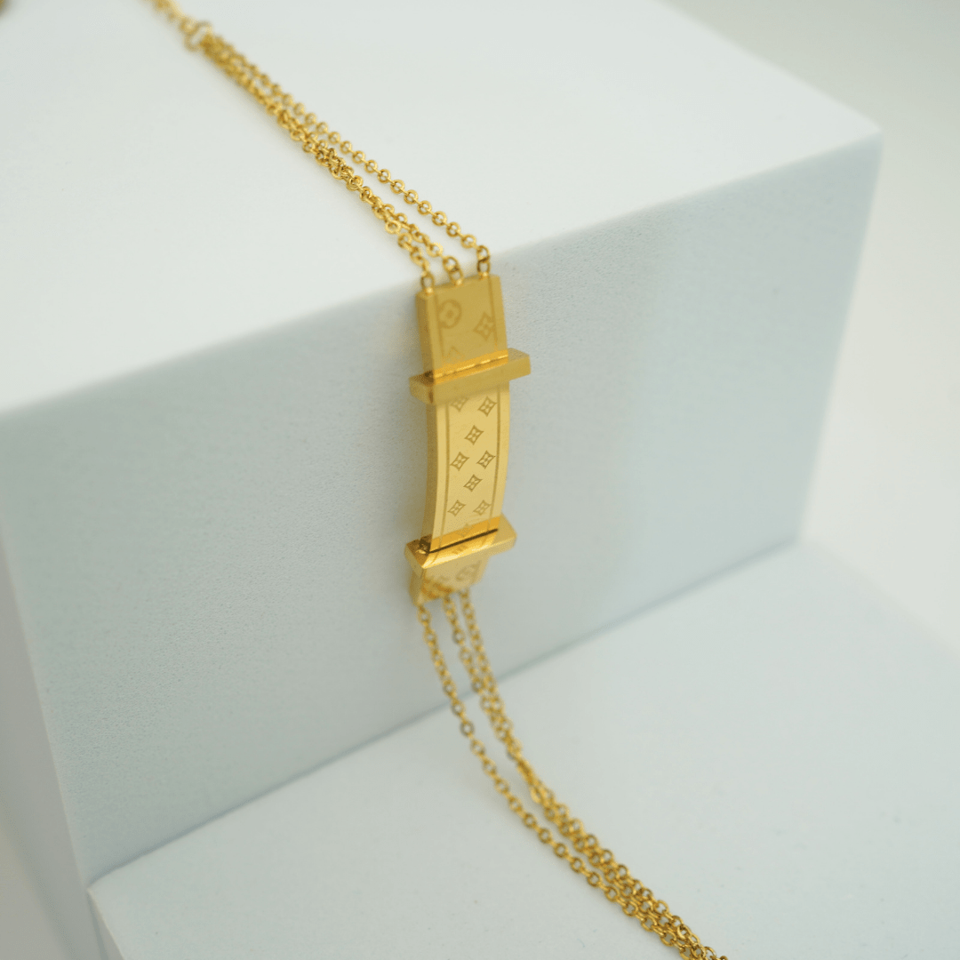 18K Gold Plated Anti-Tarnish Designer Chain Bracelet for Women – Engraved Bar Style Dual Link Chain - The Soul Jewellery