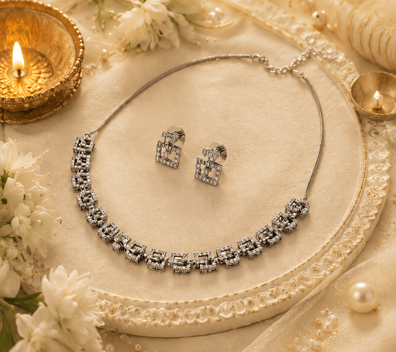 Celestia Silver Replica Choker Necklace Set with Earrings - Soul Jewellery
