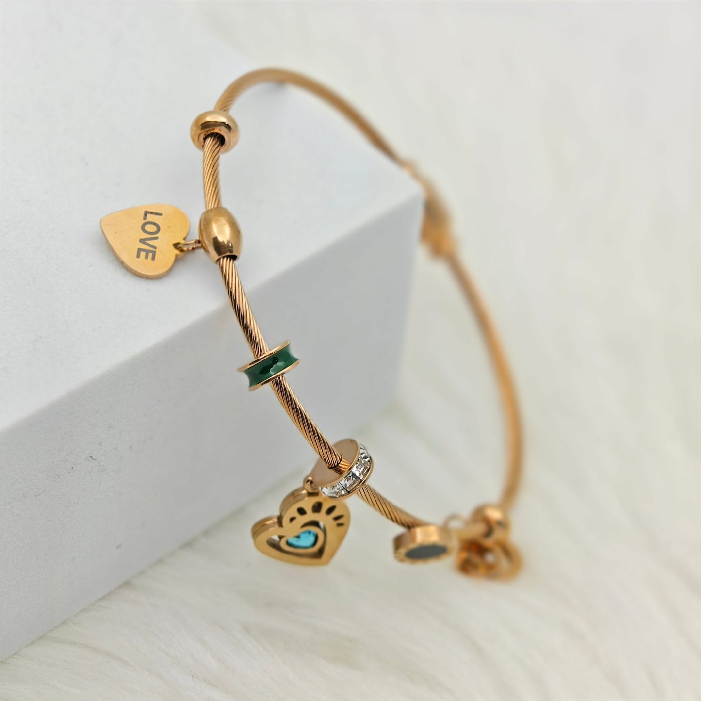 Luxury 22KRose Gold - Plated Love Charm Bracelet – Anti - Tarnish Stainless Steel Bangle with Heart & CZ Accents RGB436 - The Soul Jewellery