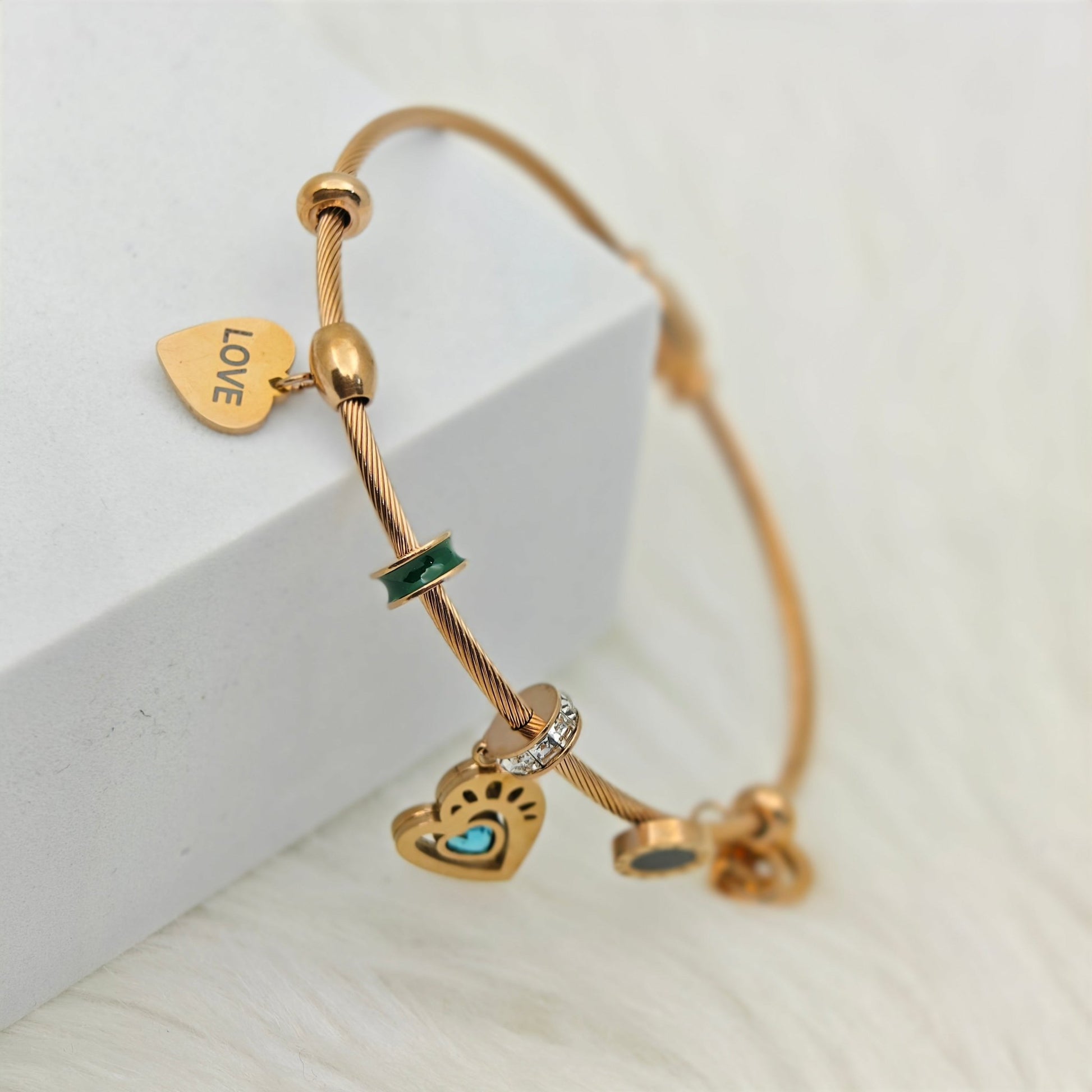 Luxury 22KRose Gold - Plated Love Charm Bracelet – Anti - Tarnish Stainless Steel Bangle with Heart & CZ Accents RGB436 - The Soul Jewellery