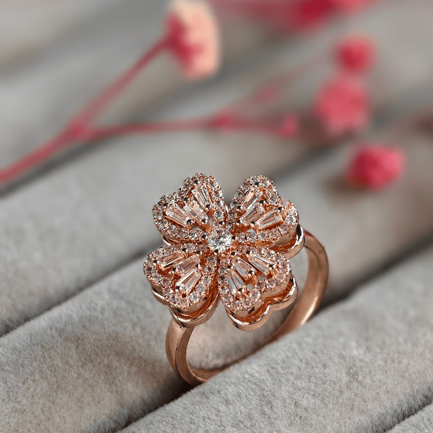 Blossom Cubic Zirconia Studded Adjustable 18K Rose Gold - Plated Anti tarnish Spinner Ring RGR102 - The Soul Jewellery