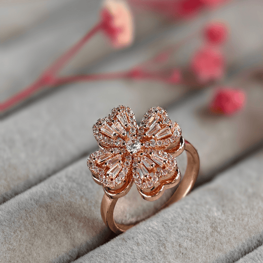 Blossom Cubic Zirconia Studded Adjustable 18K Rose Gold - Plated Anti tarnish Spinner Ring RGR102 - The Soul Jewellery