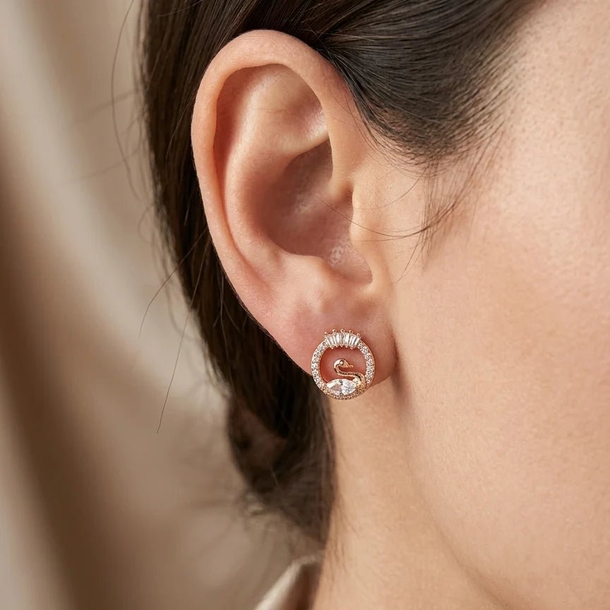 Rose Gold Swan Crystal Stud Earrings for Women – Sparkling Circular Demi Fine Earrings - Soul Jewellery