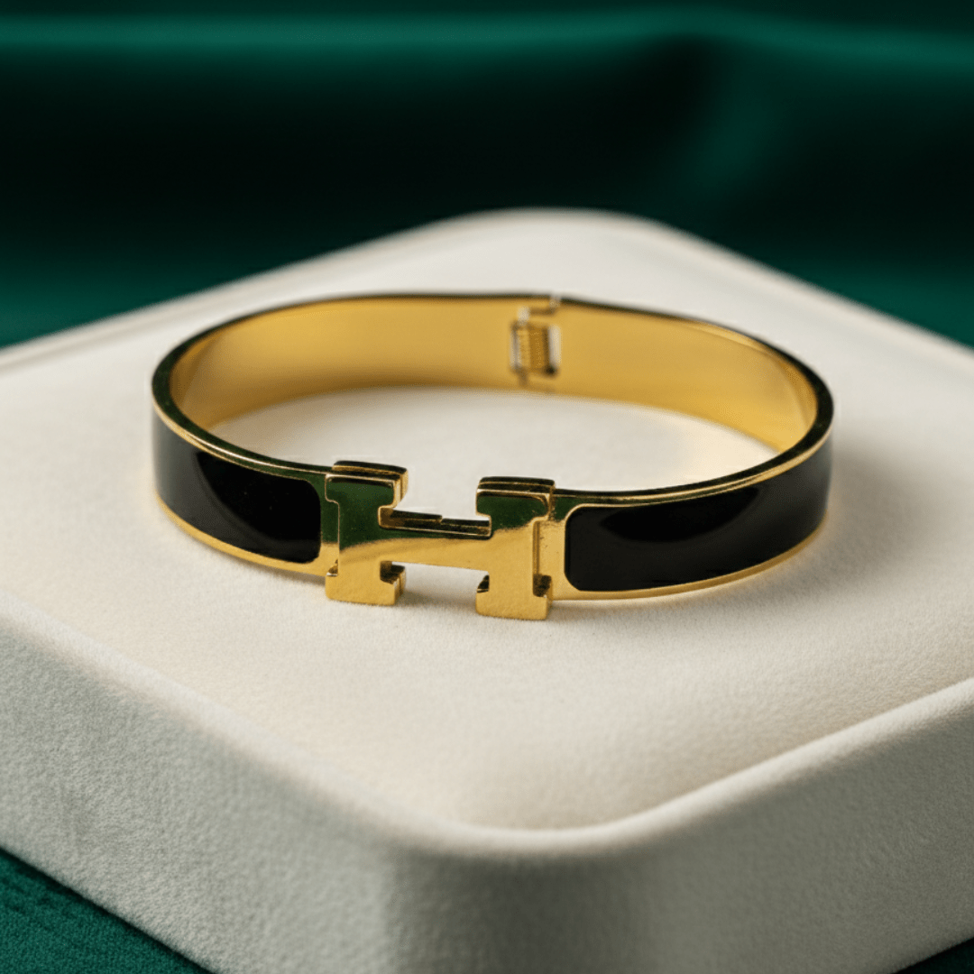 Imperial Prosperity 8™ Black Enamel H Bracelet | 18K Gold Plated AntiTarnish Demi-Fine Kada Bracelet - The Soul Jewellery