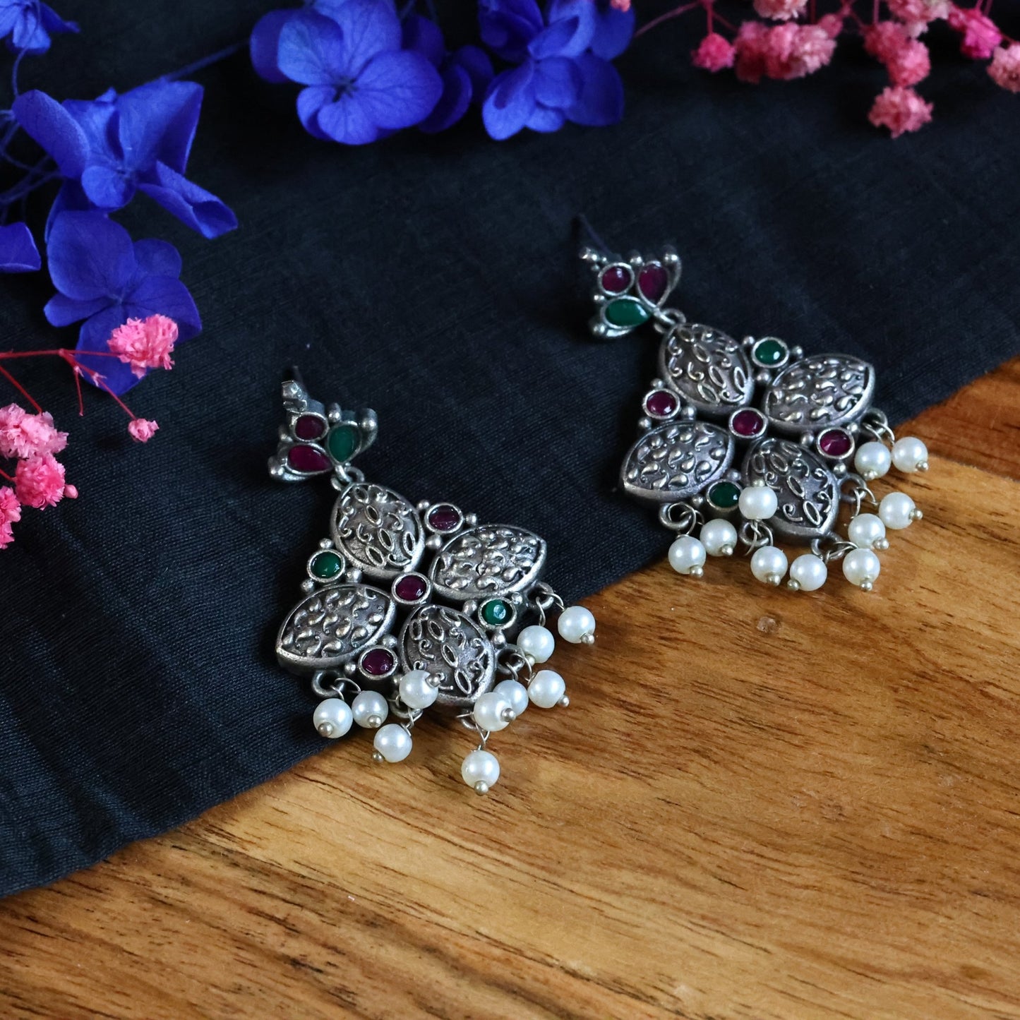 German Silver Earrings with Red Green Stone - The Soul Jewellery