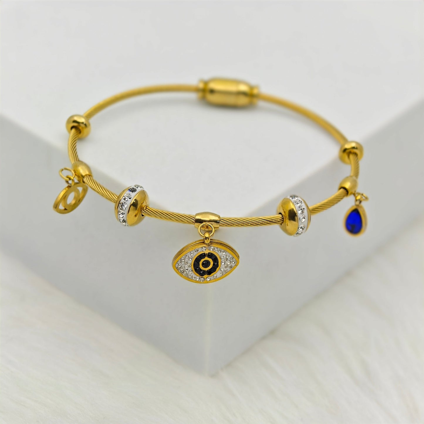 Gold - Plated Evil Eye Charm Bracelet – Anti - Tarnish Stainless Steel Bangle with CZ Accents RGB430 - The Soul Jewellery