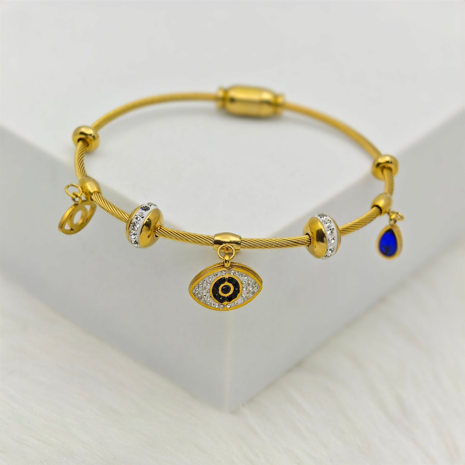 Gold - Plated Evil Eye Charm Bracelet – Anti - Tarnish Stainless Steel Bangle with CZ Accents RGB430 - The Soul Jewellery