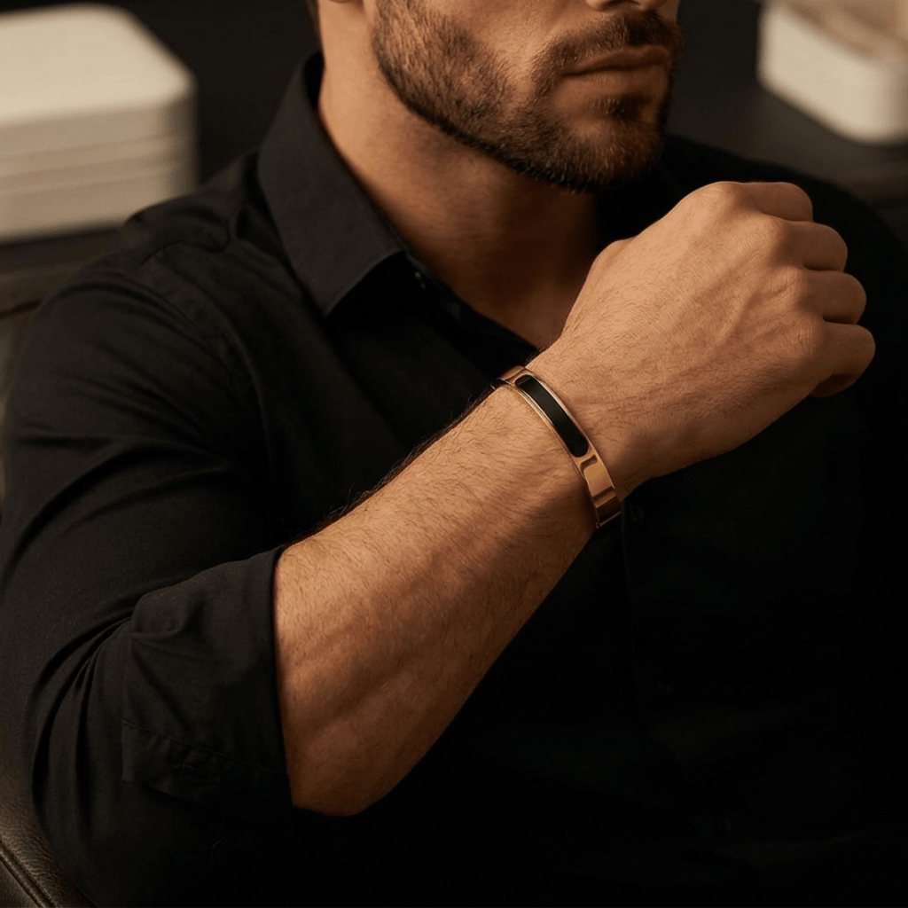 Noir Edge Aura 27™ Men’s Black & Gold Bracelet – Anti-Tarnish Kada | Premium Minimal Designer Cuff - The Soul Jewellery