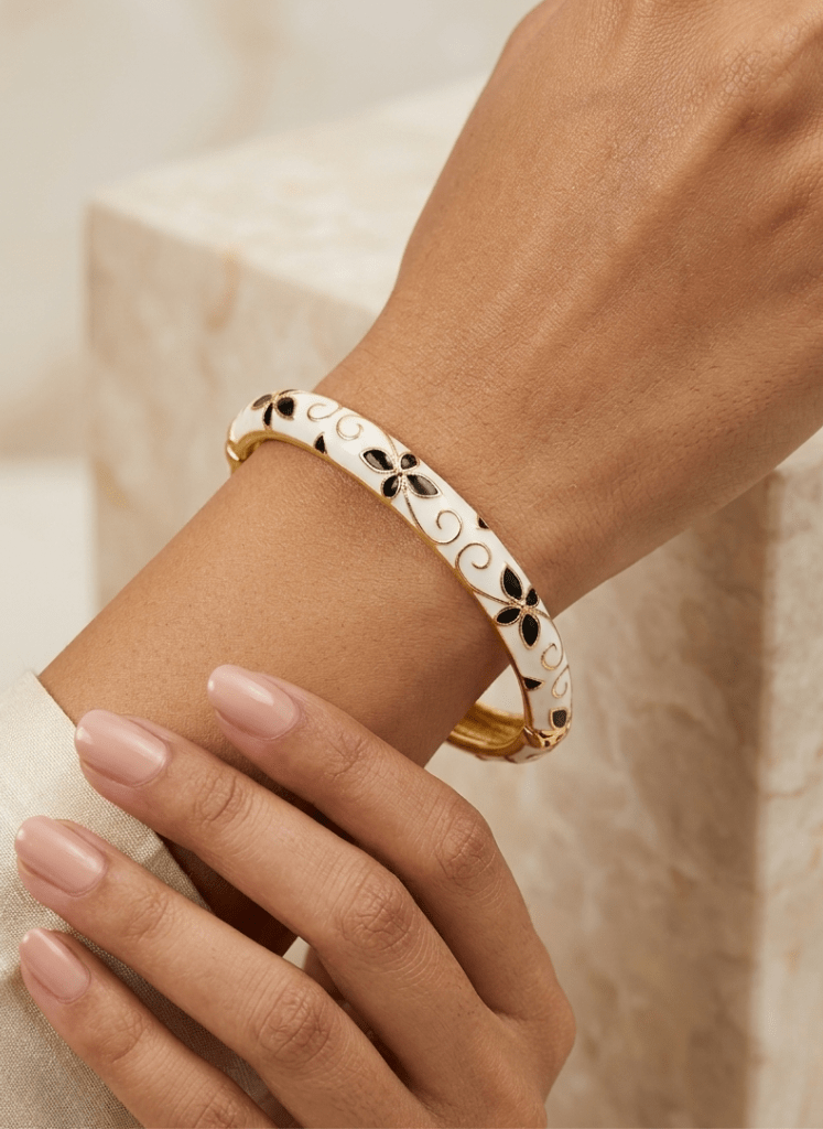 Ivory Blossom Aura 6™ White Enamel Floral Gold Bracelet for Women | Luxury Anti - Tarnish Designer Bangle | Elegant Demi - Fine Gold Kada - The Soul Jewellery