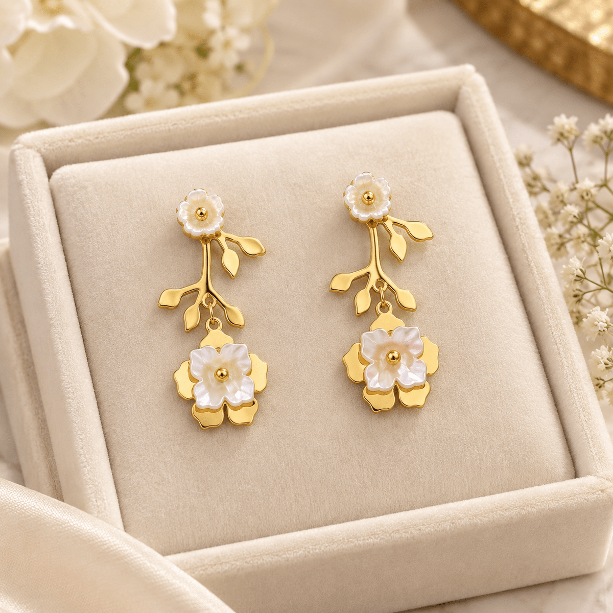 Gold-Tone Stainless Steel Pearlescent Floral Drop Earrings for Women | Elegant Flower & Leaf Dangle Earrings - Soul Jewellery