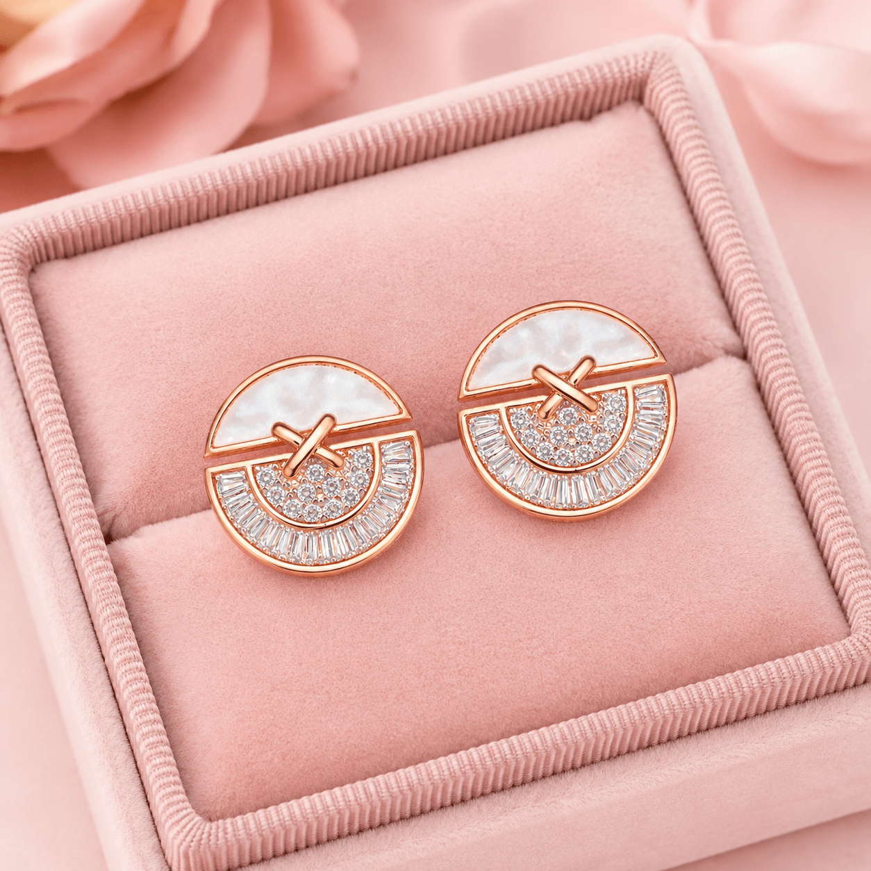 Rose Gold Geometric Mother of Pearl & CZ Stud Earrings for Women – Sparkling Demi Fine Earrings - Soul Jewellery
