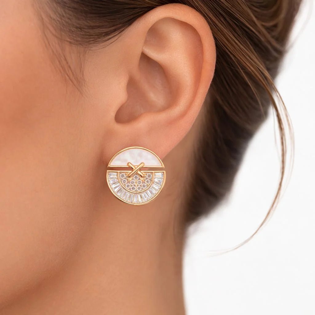 Rose Gold Geometric Mother of Pearl & CZ Stud Earrings for Women – Sparkling Demi Fine Earrings - Soul Jewellery