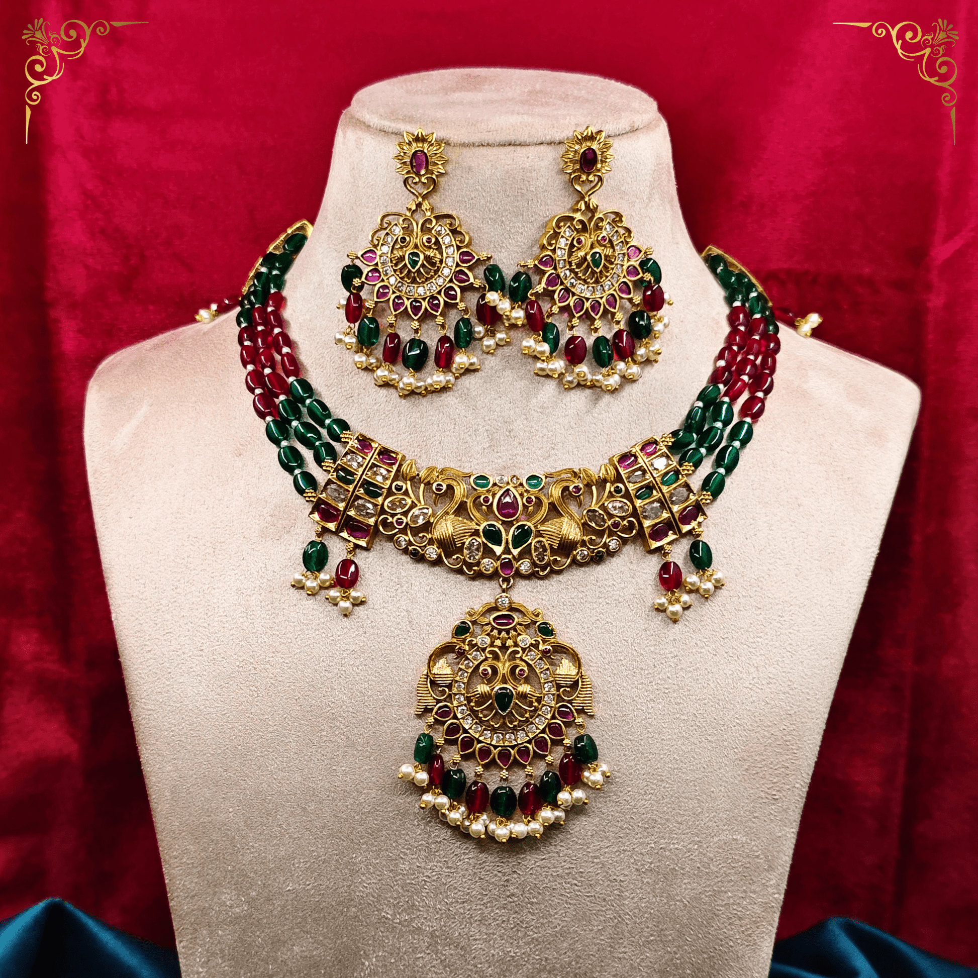 Malavika Antique Matte Gold Plated Choker Necklace Set with Peacock Design - The Soul Jewellery