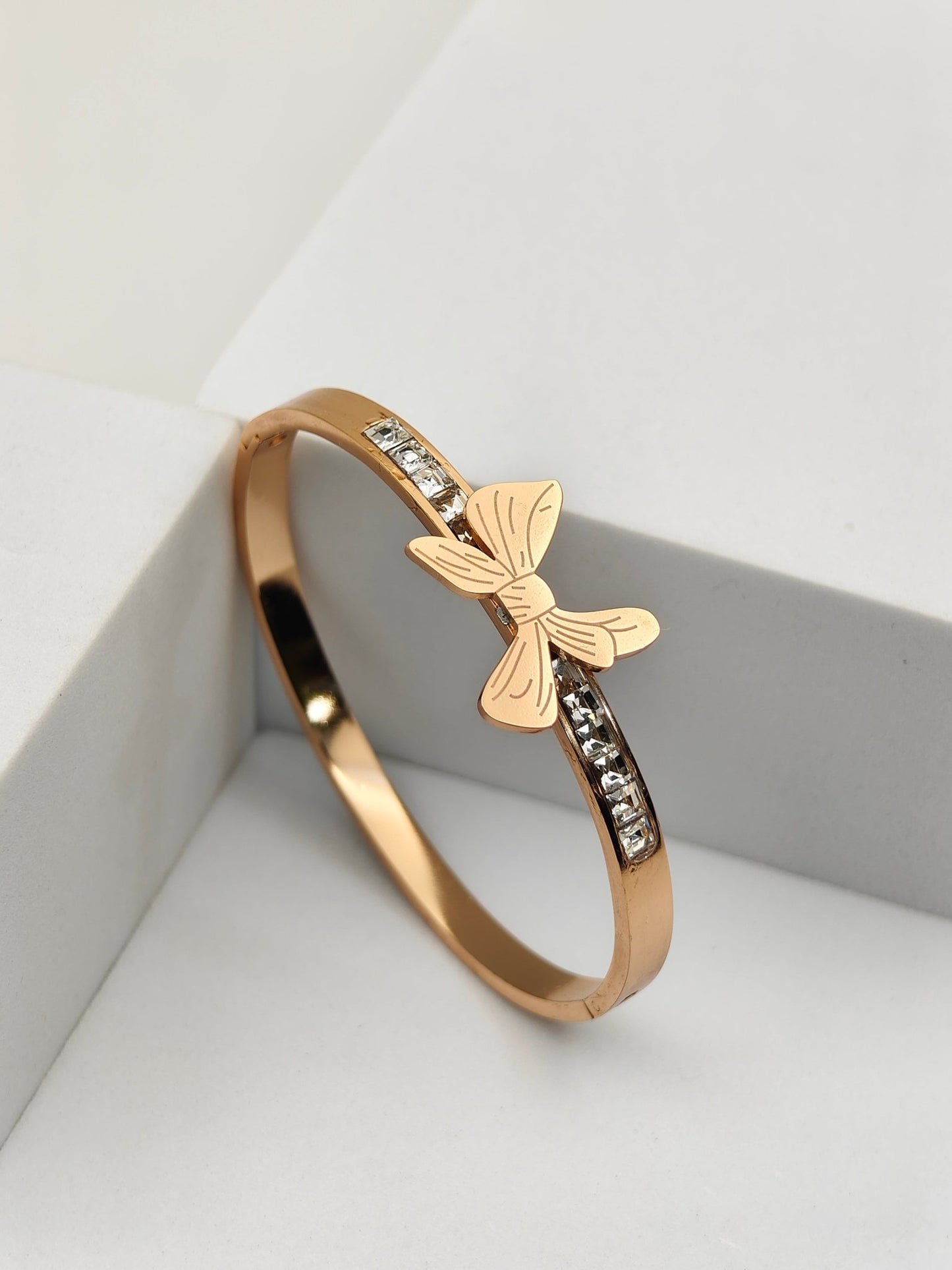 Butterfly Aura 27™ Anti - Tarnish Rose Gold Bracelet – CZ Studded Stainless Steel Designer Kada for Women - The Soul Jewellery