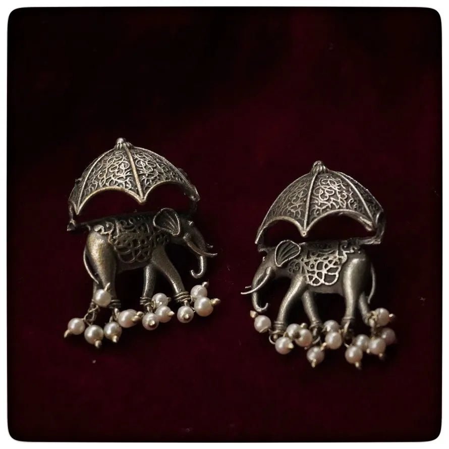 Gajraj Umbrella Oxidised Earrings for Women – Vintage Silver Elephant Pearl Drop Statement Earrings - The Soul Jewellery