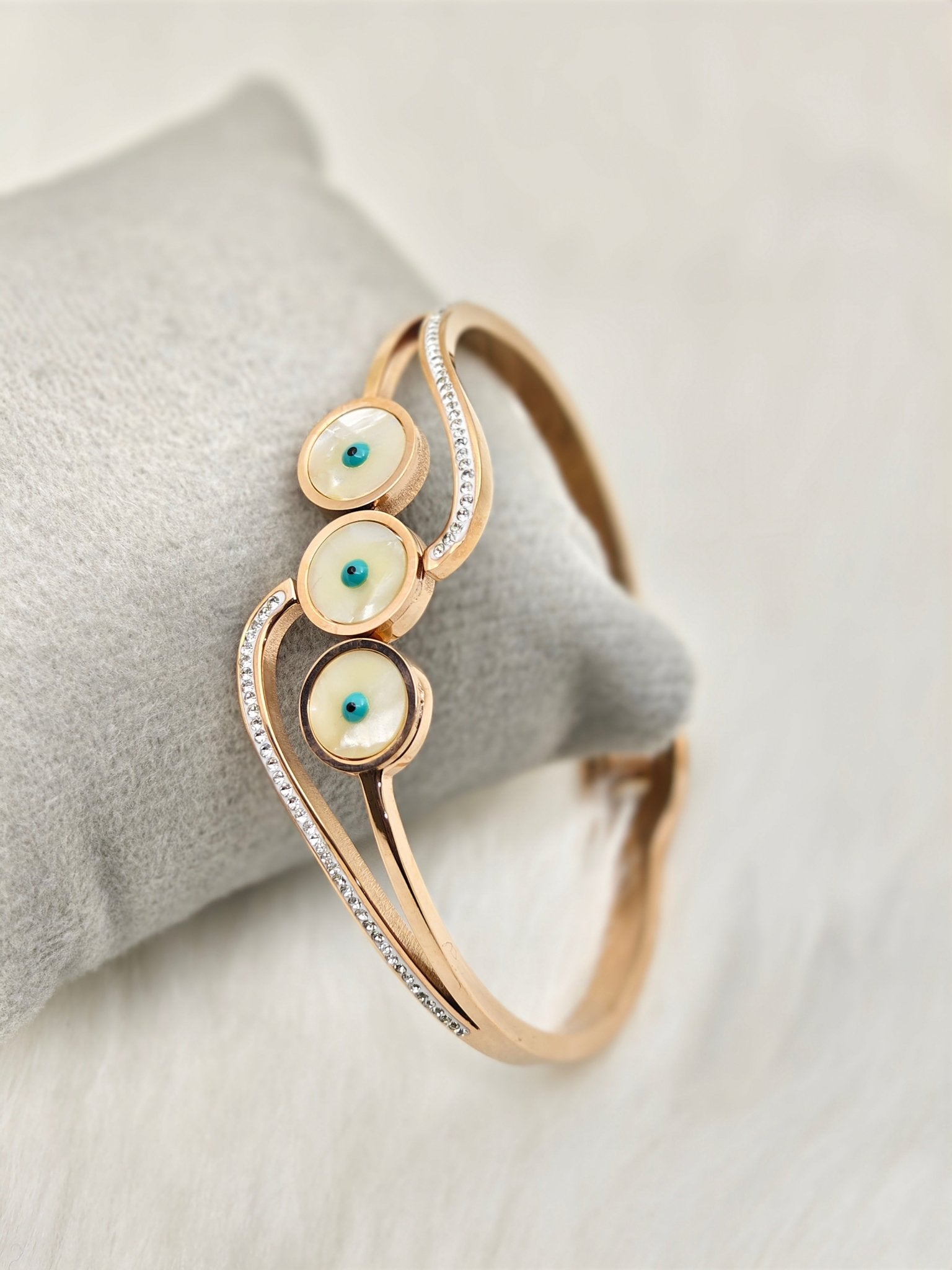 18K Rose Gold Plated Anti-Tarnish Evil Eye Bangle for Women – Crystal-Studded Protective Bracelet