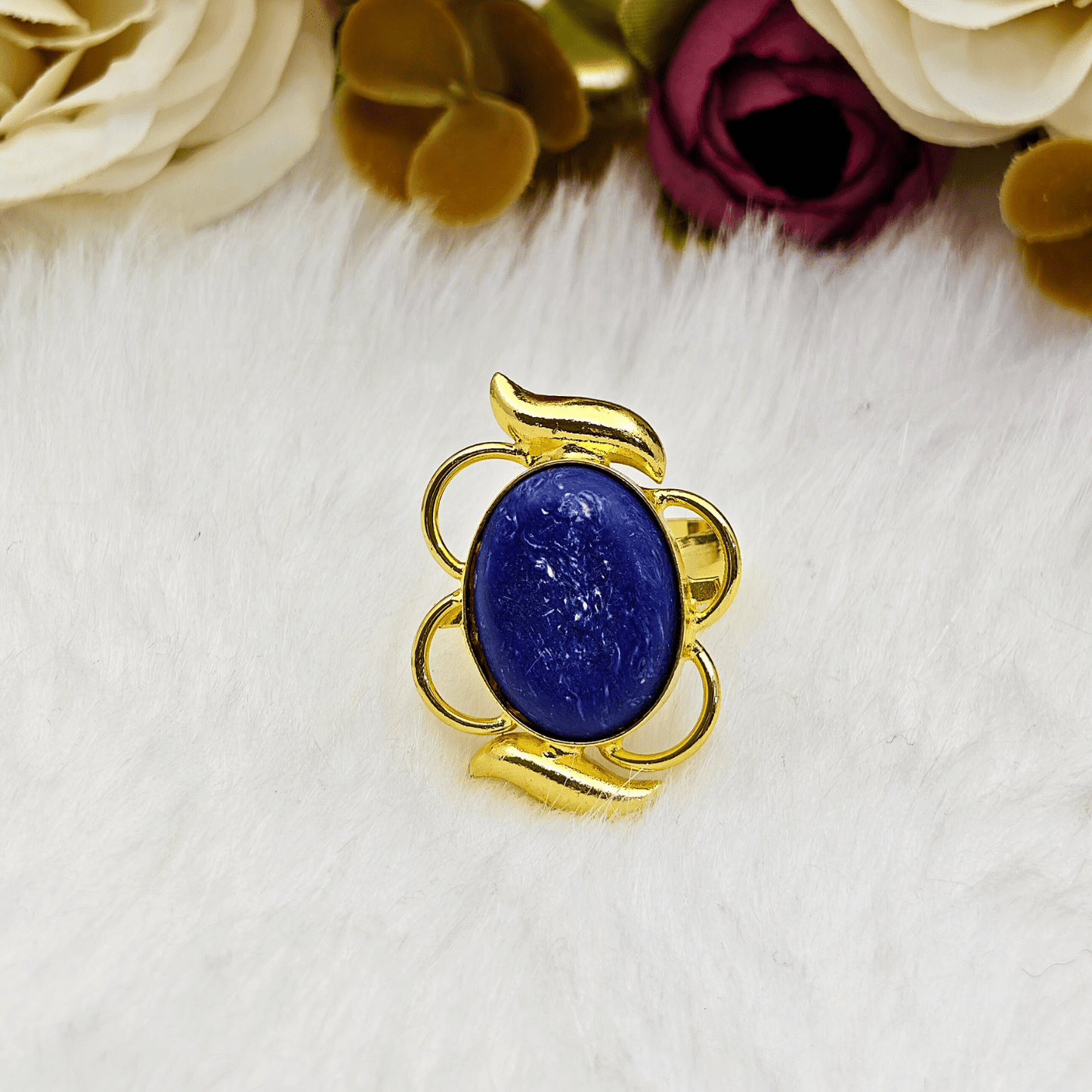 Premium Gold - Plated Brass Ring with Deep Blue Natural Stone – Elegant Floral Adjustable Statement Ring for Women - The Soul Jewellery