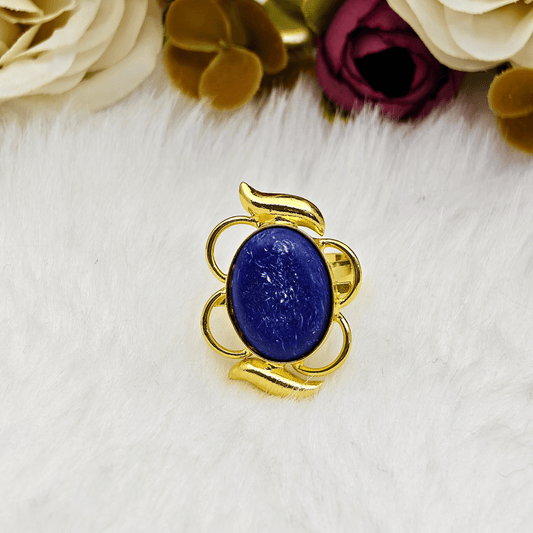 Premium Gold - Plated Brass Ring with Deep Blue Natural Stone – Elegant Floral Adjustable Statement Ring for Women - The Soul Jewellery