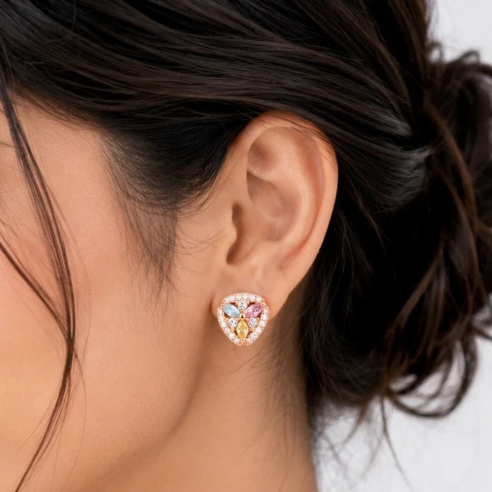 Rose Gold Multicolour Floral CZ Stud Earrings for Women – Pastel Crystal Heart-Shaped Demi fine Stud - Soul Jewellery