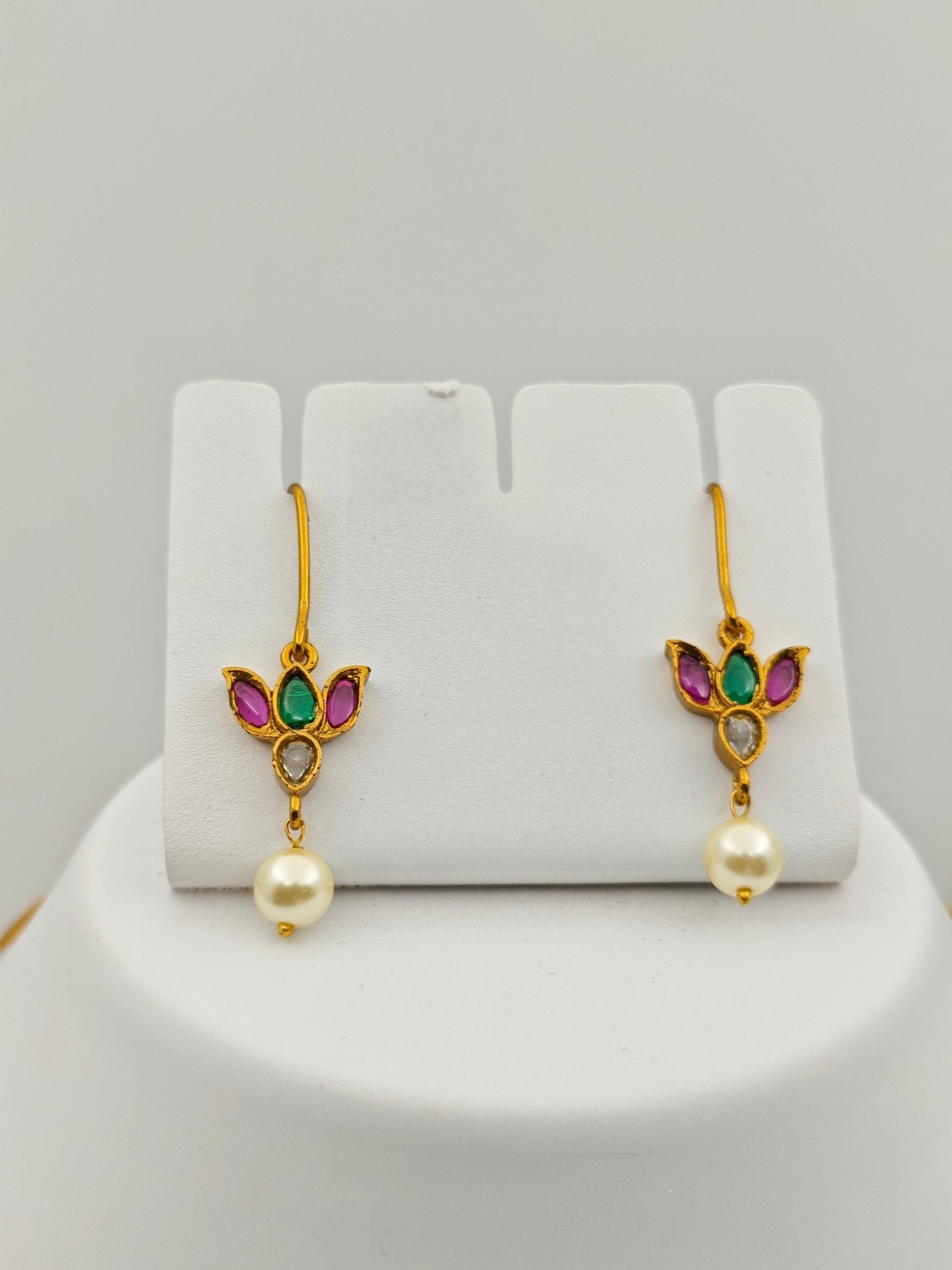 Royal Lotus Heritage™ Traditional Temple Necklace Set for Women – Gold Plated South Indian Floral Design with Ruby Green Stones & Pearl Drop Earrings - The Soul Jewellery