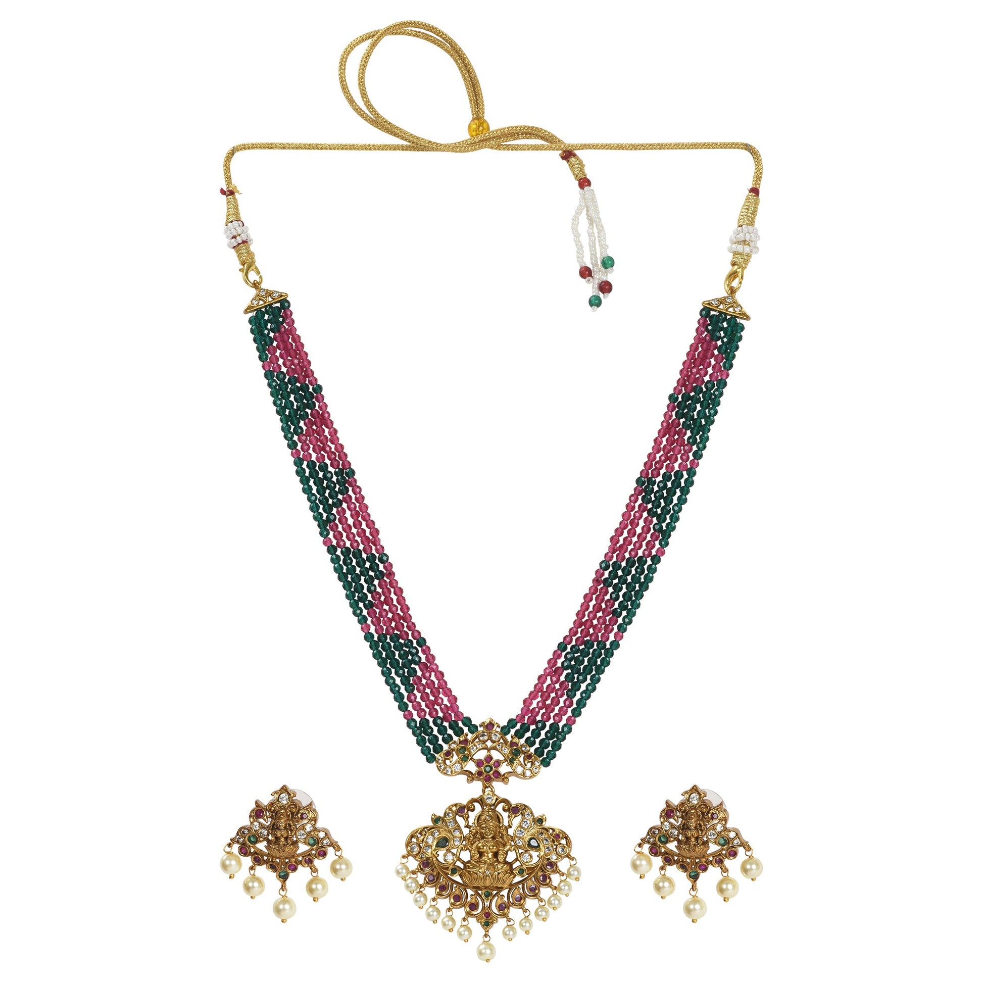 Padmavati Antique Matte Gold Plated Short Necklace Set with Devi Laxmi Motif - The Soul Jewellery